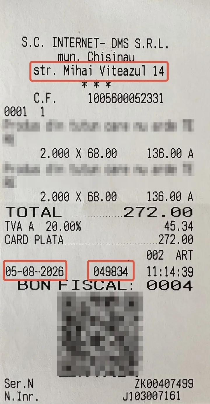 Bon fiscal cu rândul ID evidențiat